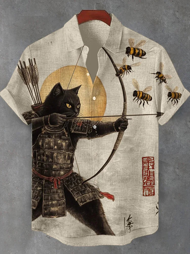 Men's Casual Shirt – Cat Samurai & Bees Print, Short Sleeve