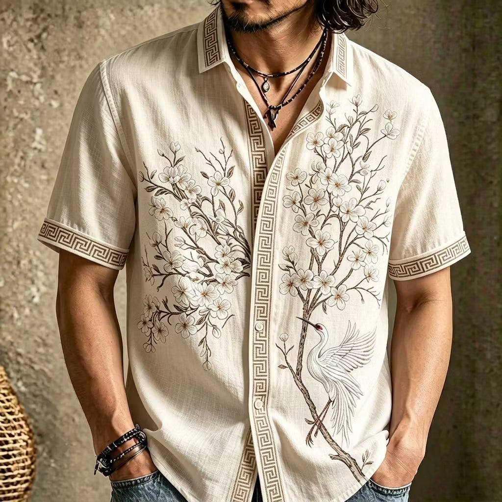 Men's Button-Up Shirt – Embroidered Floral, Short Sleeve