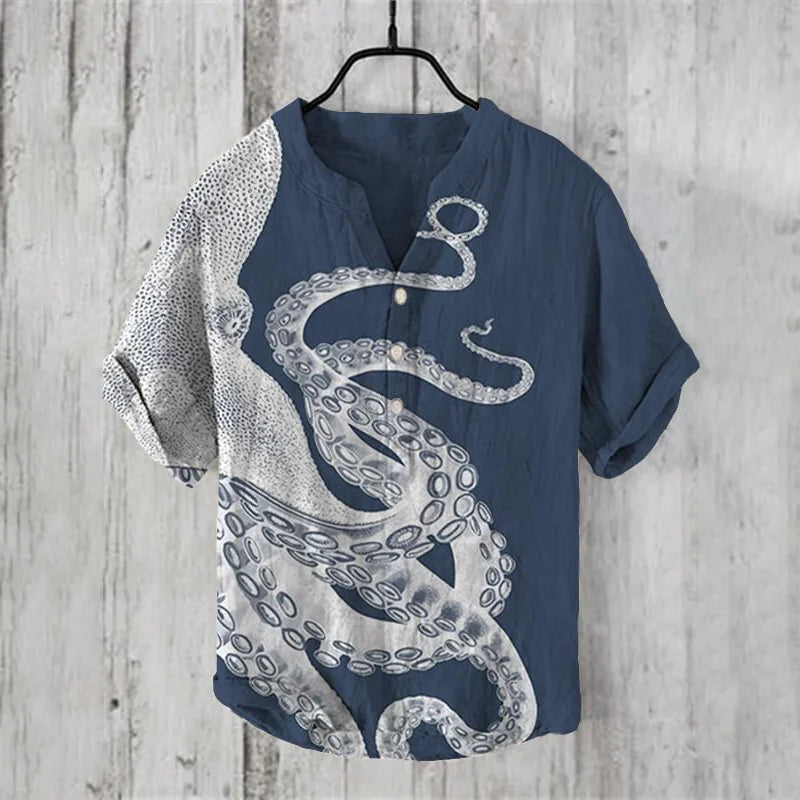 Men's Casual Shirt – Octopus Graphic Print, Short Sleeve, Band Collar
