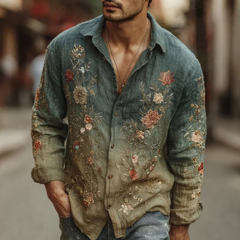Men's Embroidered Shirt – Ombre Floral, Long Sleeve