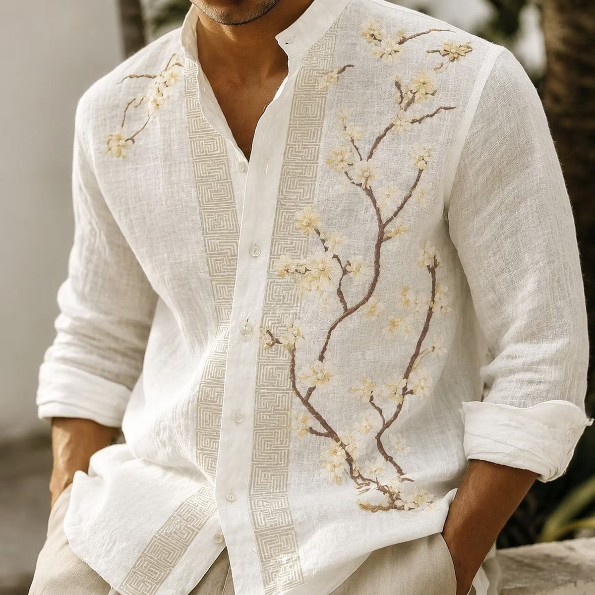 Men's Linen Shirt – Floral Embroidery, Band Collar