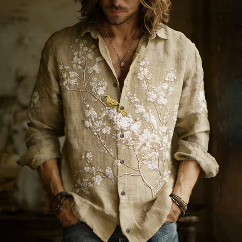 Men's Embroidered Linen Shirt – Floral & Bird Design